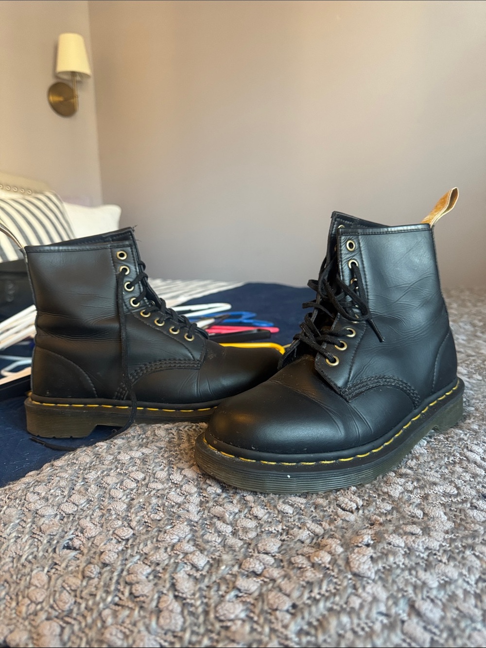 Dr. Martens Black Lace-Up Leather Boots with Yellow Stitching
